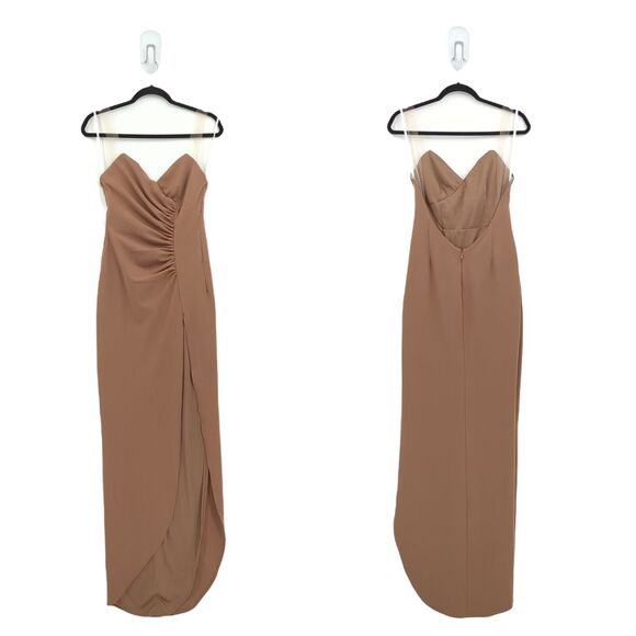 Katie May Women S Colette Gown Maxi Dress Cocoa Brown Sheer Bone Ruche Slit FLAW - Picture 2 of 11